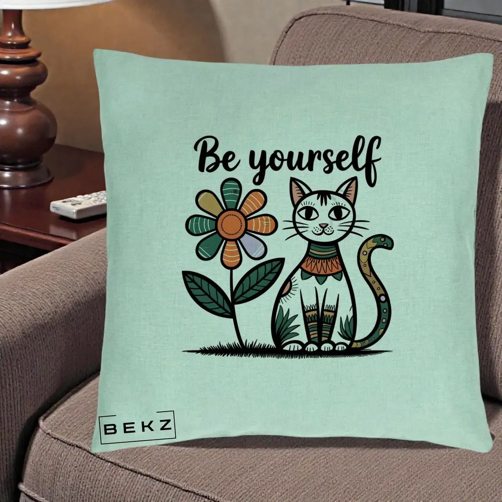 Perna Personalizata Be Yourself Pisica Folk, 40x40 cm, Verde Menta, Husa Detasabila, Perna Inclusa, BEKZ®