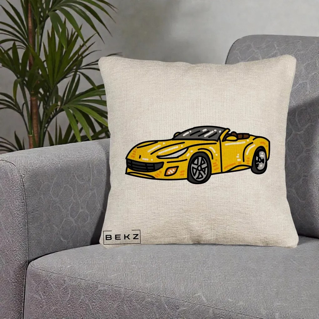 Perna Personalizata Masina Cabriolet Galbena Grafic, 40x40 cm, Bej Canapea, Husa Detasabila, Perna Inclusa, BEKZ®