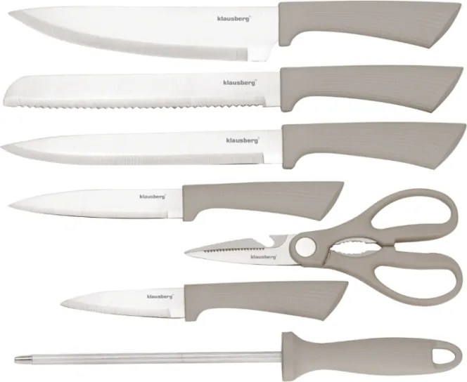 Set cuțite Klausberg KB 7984, 8 piese, Oțel inoxidabil, Ascuțitor, Mâner lemn de salcâm, Bej/lemn