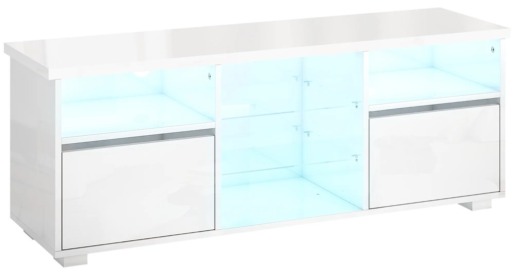 HOMCOM Suport TV 120 cm, suport televizor pentru televizoare de până la 55 inch cu iluminare LED și telecomandă, rafturi din sticlă alb | Aosom Romania