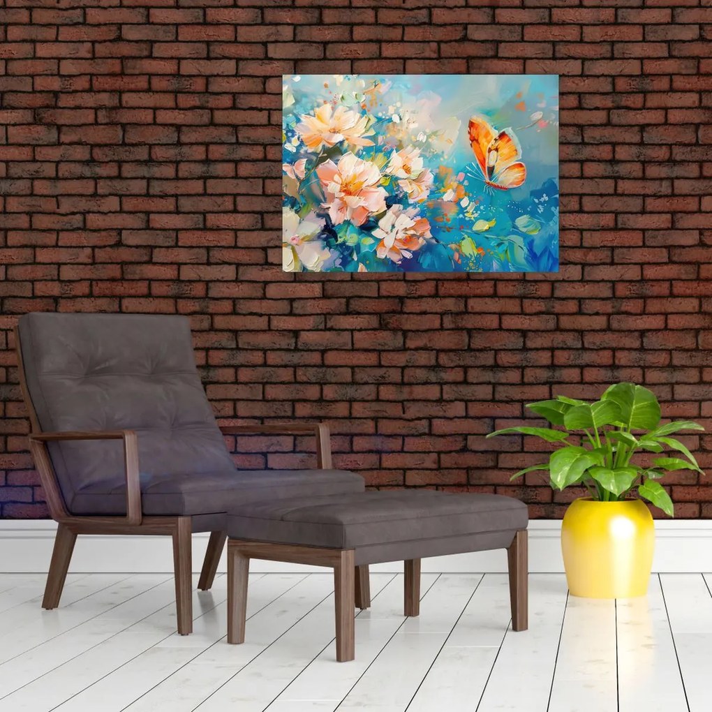 Tablou pe sticlă - Fluture și flori, pictură în ulei II. (70x50 cm)