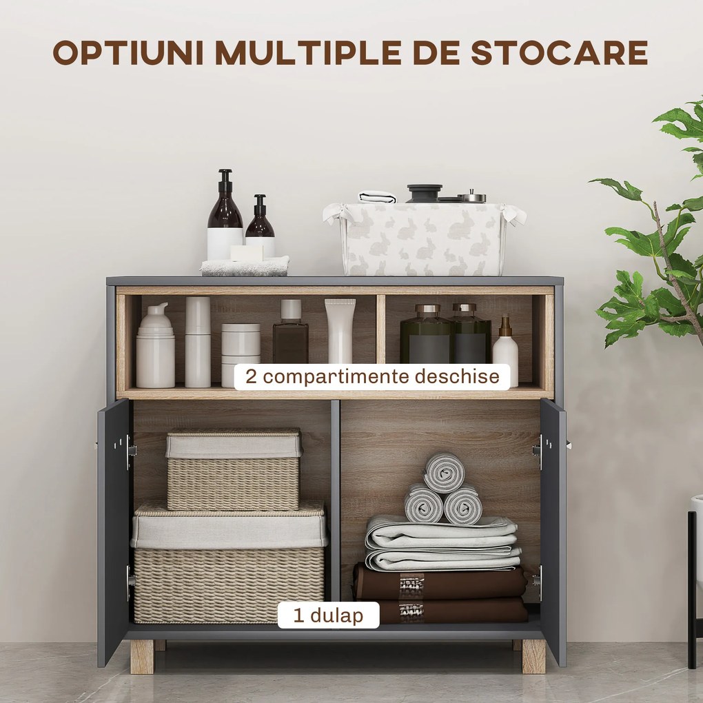HOMCOM Dulap Baie cu Rafturi Deschise și Dulăpior cu 2 Uși, Dulap de Baie Spațios cu Mânere, 80x35x70 cm, Gri | Aosom Romania
