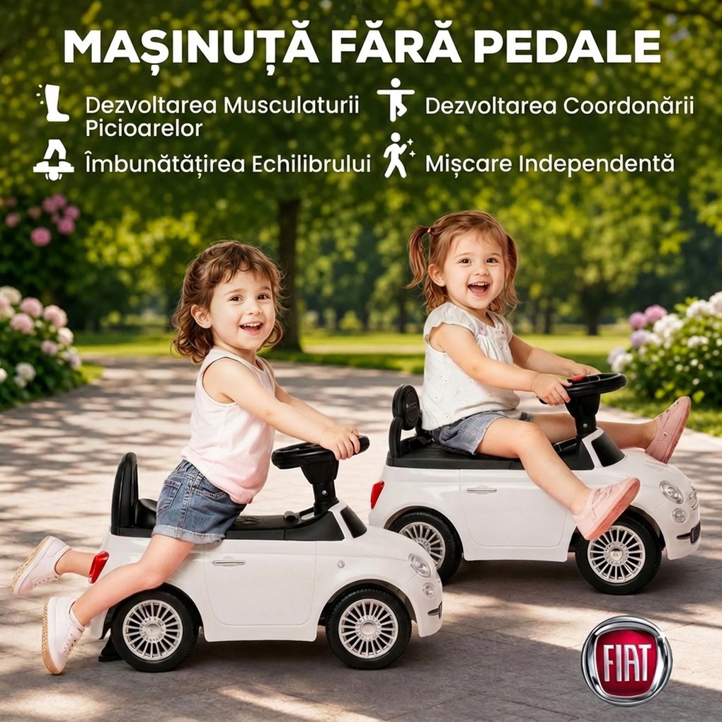 AIYAPLAY Mașinuță de Împins pentru Copii cu Licență Fiat, Muzică, Claxon, Anti-Răsturnare și PP, Alb | Aosom Romania