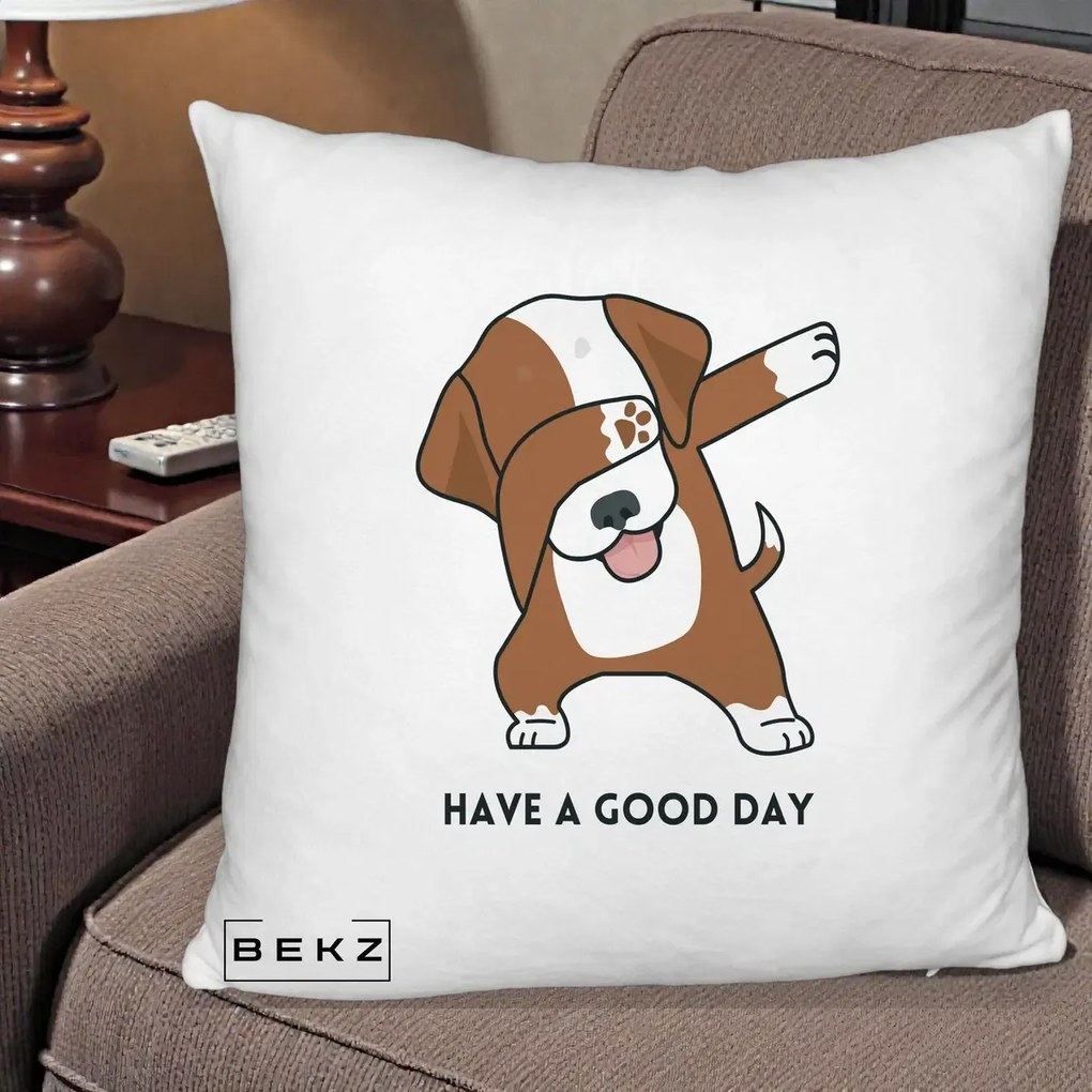 Perna Decorativa Caine Dab Have A Good Day, 40x40 cm, Alb Pufos, Husa Detasabila, Perna Inclusa, BEKZ®