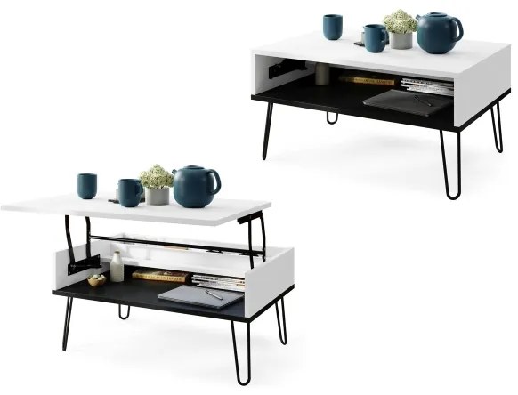 Masă de cafea HALIJA cu blat cu ridicare și poliță, alb/negru
