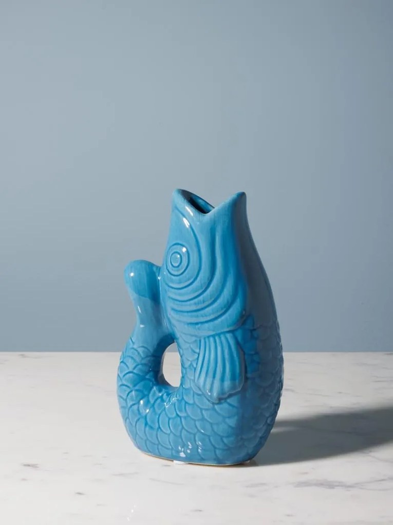 Vaza albastra, din ceramica, forma de peste, H20cm Stone