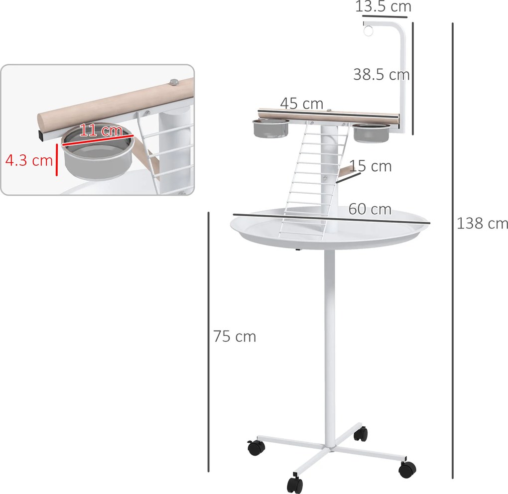 PawHut Manoniera pentru păsări pe suport cu 4 role perche 2 bols detasabile tava rotundă din oțel inoxidabil Ø 60 x 138A cm alb | Aosom Romania