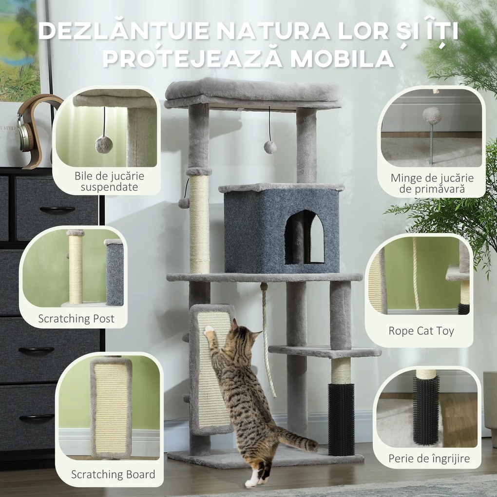 PawHut Ansamblu de Joacă pentru Pisici Multinivel Înalt 132 cm cu Căsuță, Culcuș, Stâlpi de Zgâriat, Perie și Minge, Gri | Aosom Romania