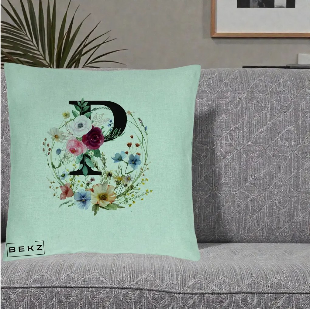 Cadou Personalizat - Perna Personalizata Monogram Litera P cu Flori Acuarela, 40x40 cm, Verde Menta, Husa Detasabila, Perna Inclusa, BEKZ®