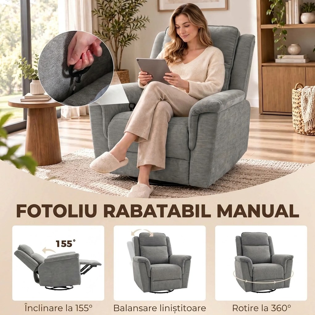 HOMCOM Fotoliu Reclinabil Manual 155° cu Suport pentru Picioare, Rotativ 360°, pentru Living, Gri Deschis | Aosom Romania