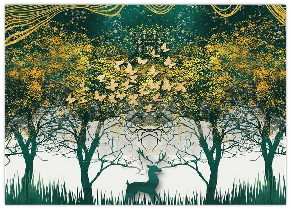 Tablou pe sticlă - Căprioare în pădurea verde (70x50 cm)