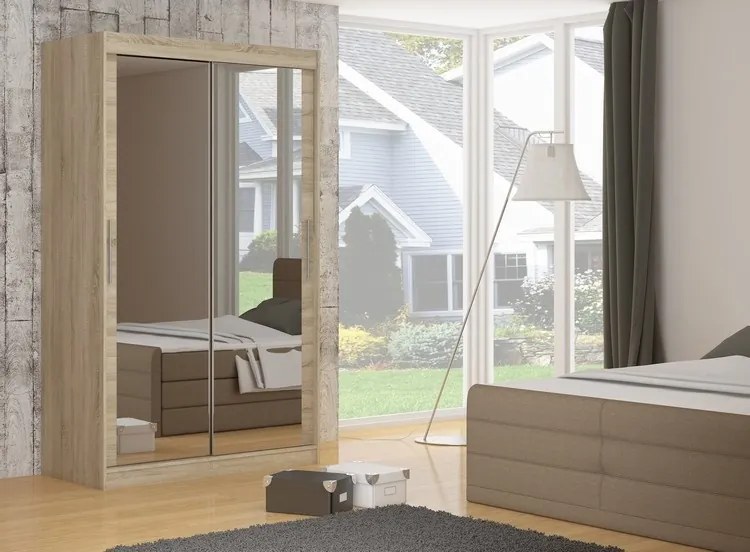 Dulap cu usi glisante si oglinda 180x215 cm, Ettore, ADRK Furniture (Culoare: Trufă)