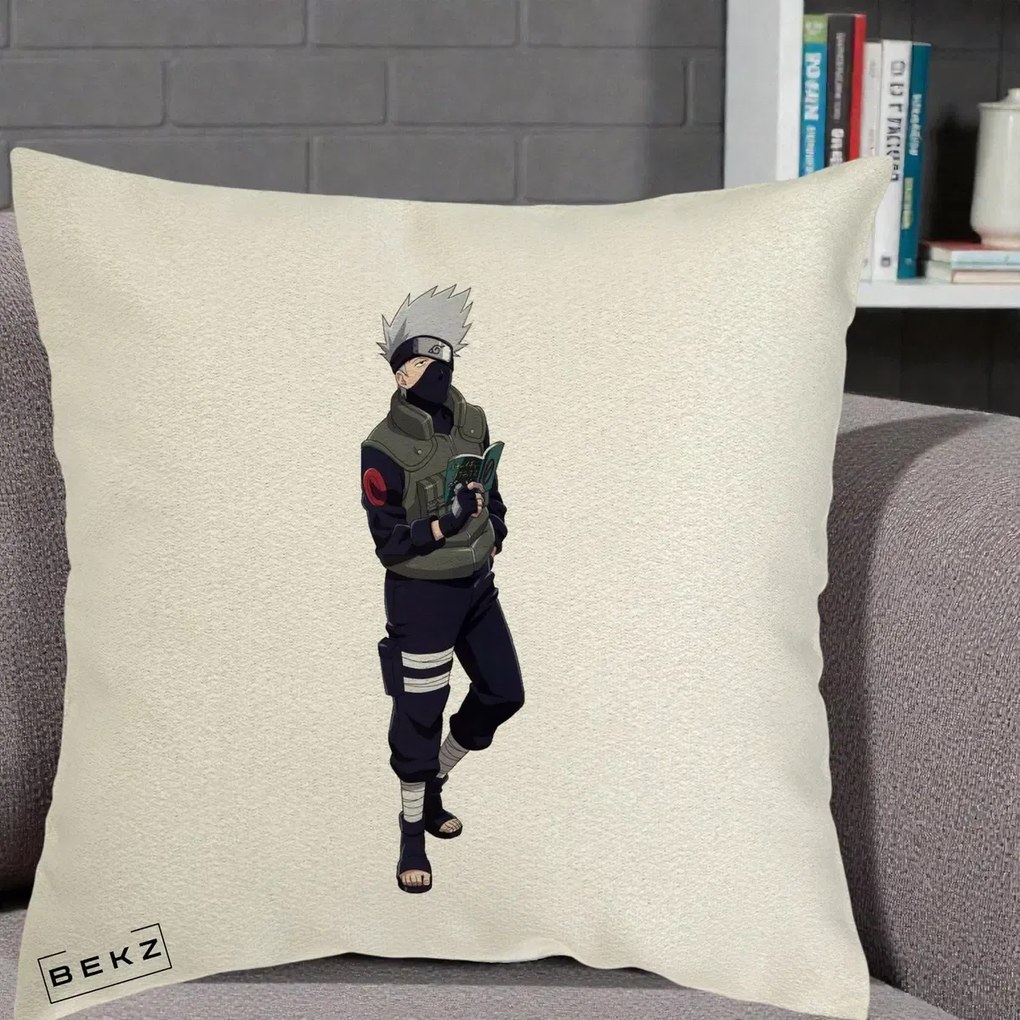 Perna Personalizata Naruto Kakashi Hatake Portret Complet, 40x40 cm, Ecru, Husa Detasabila, Perna Inclusa, BEKZ®