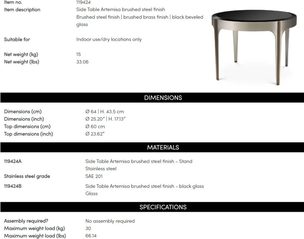 Masuta Laterala Design LUX, Otel, Sticla, Negru, Artemisa