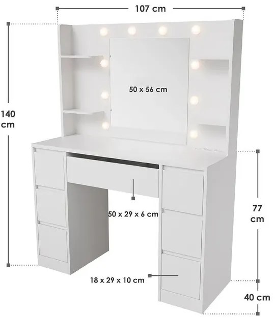 Juskys Masa de toaletă Malia cu iluminare LED - albă