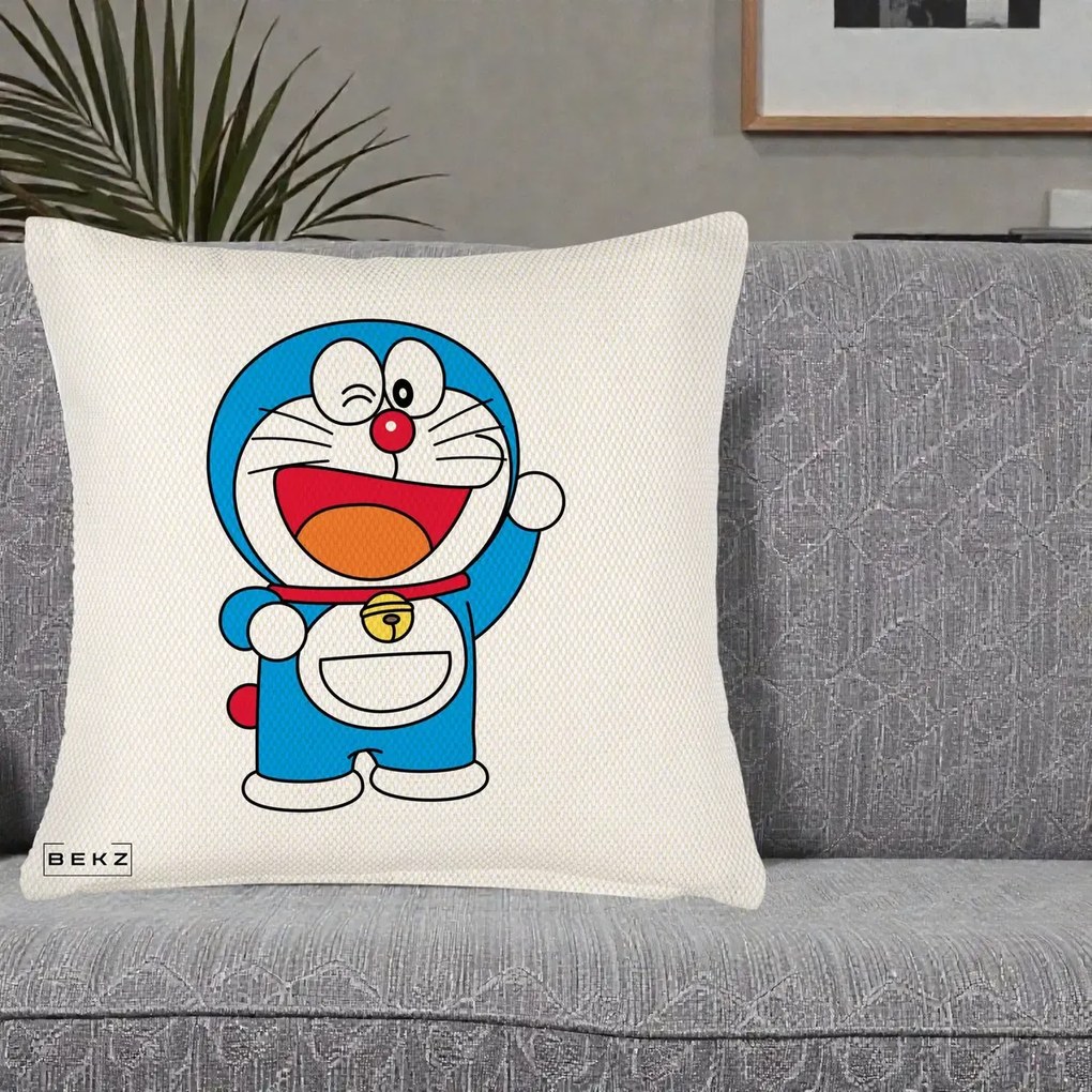 Perna Personalizata Doraemon Salutand, 40x40 cm, Crem Reliefat, Husa Detasabila, Perna Inclusa, BEKZ®