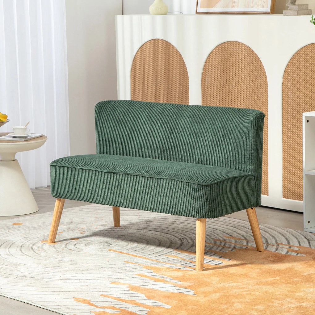 HOMCOM Canapea de 2 locuri tapițată, lemn, material textil cu aspect de catifea, spumă, 117 x 56,5 x 77 cm, Verde | Aosom Romania