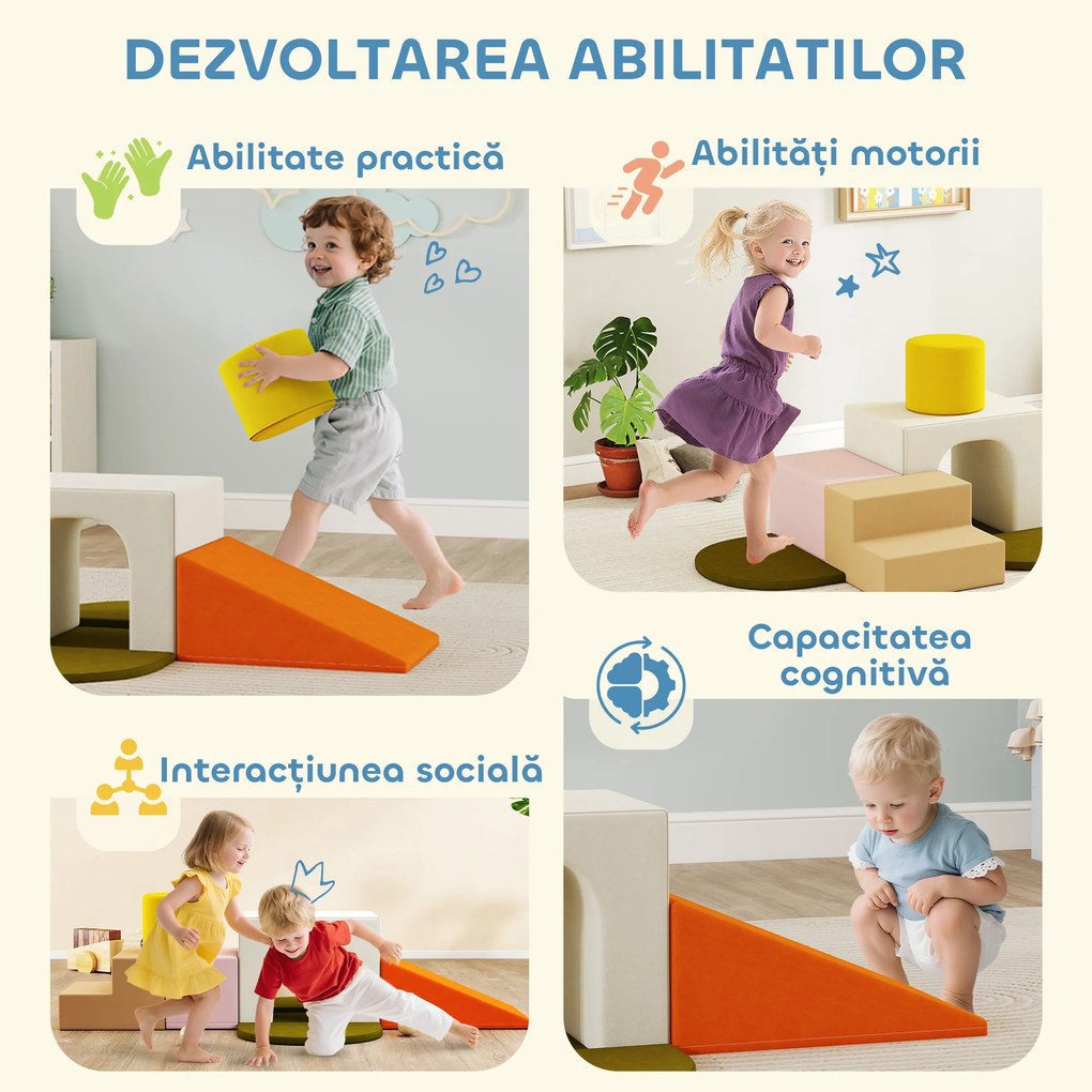 AIYAPLAY Set 8 Construcții Moi pentru Copii 0-3 Ani de Interior, din Catifea și Spumă PU Portocaliu | Aosom Romania