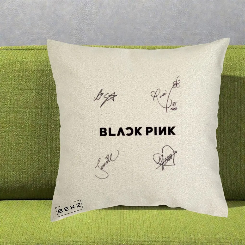 Perna Personalizata K-pop BLACKPINK Tinute Negre Grup Simplu, 40x40 cm, Ecru, Husa Detasabila, Perna Inclusa, BEKZ®