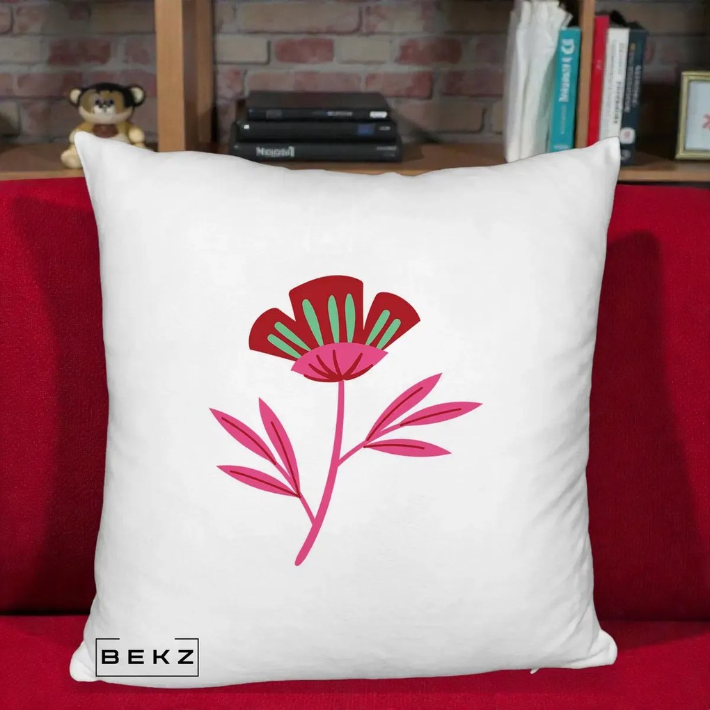 Perna Decorativa Floare Macul Roz-Rosu Grafic, 40x40 cm, Alb Pufos, Husa Detasabila, Perna Inclusa, BEKZ®