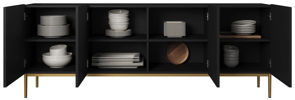 Comodă Nicole 200 cm cu patru uși, fronturi riflate - negru mat / picioare aurii