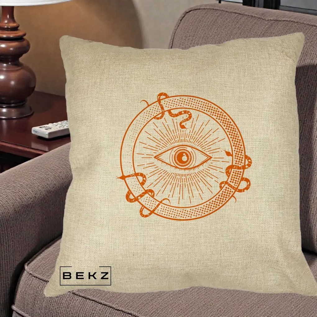 Perna Personalizata Ochiul Providentei Mistic Orange, 40x40 cm, Crem, Husa Detasabila, Perna Inclusa, BEKZ®