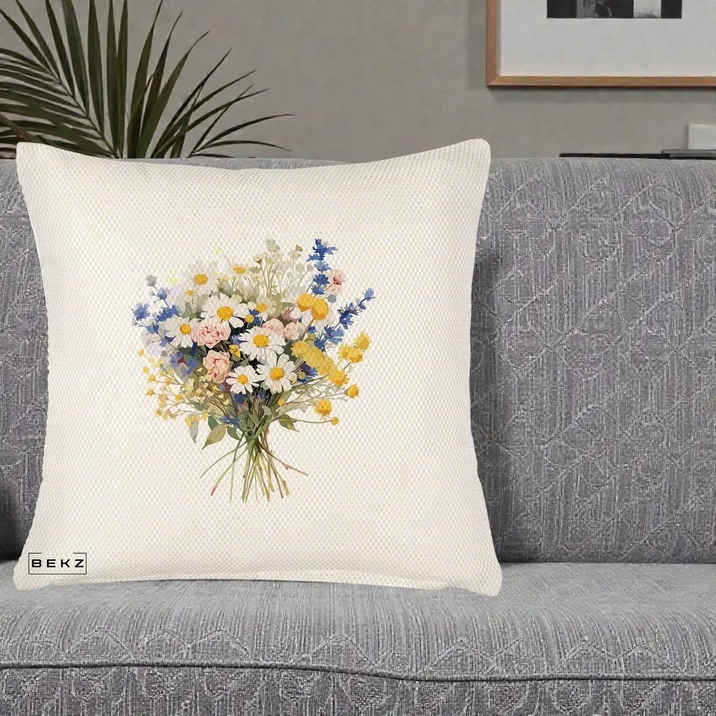 Perna Decorativa Buchet Camp Acuarela Margarete-Lavanda, 40x40 cm, Crem Reliefat, Husa Detasabila, Perna Inclusa, BEKZ®