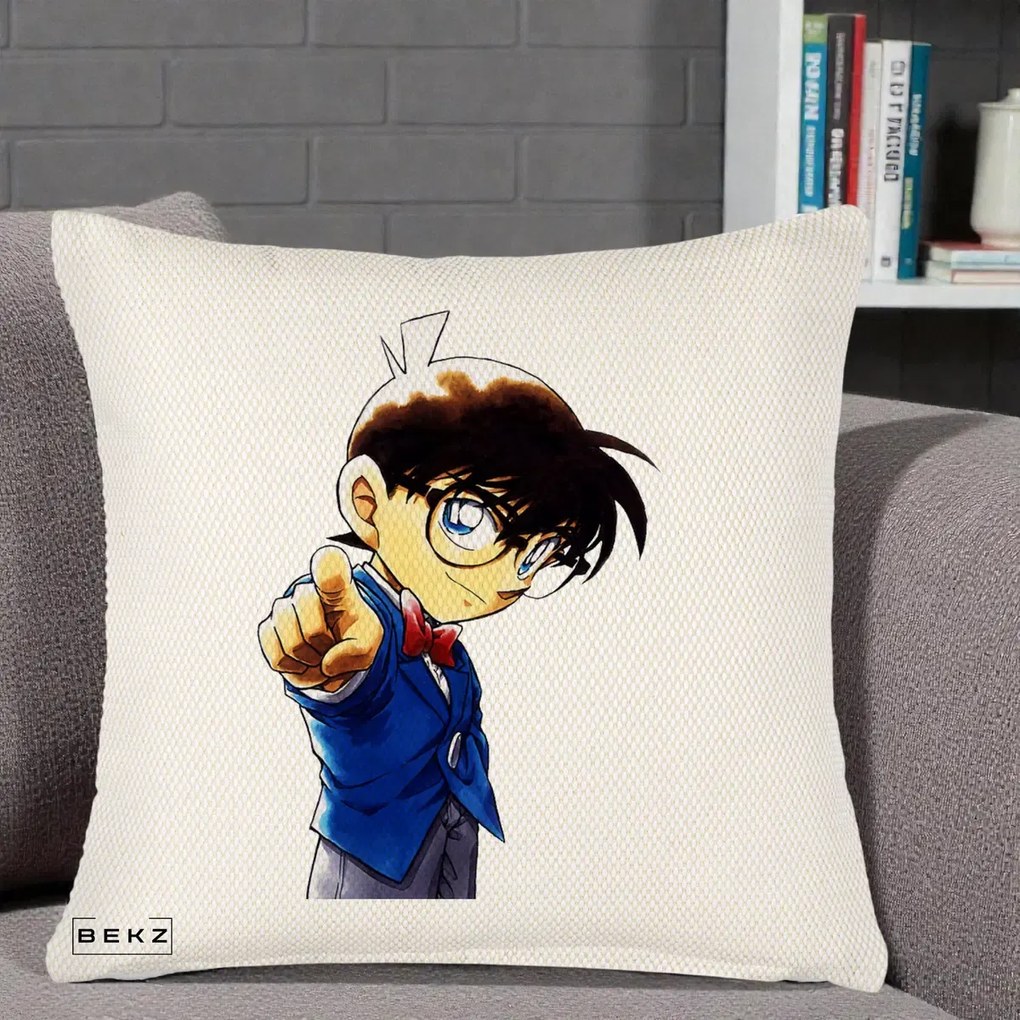 Perna Personalizata Detective Conan Conan Arata, 40x40 cm, Crem Reliefat, Husa Detasabila, Perna Inclusa, BEKZ®