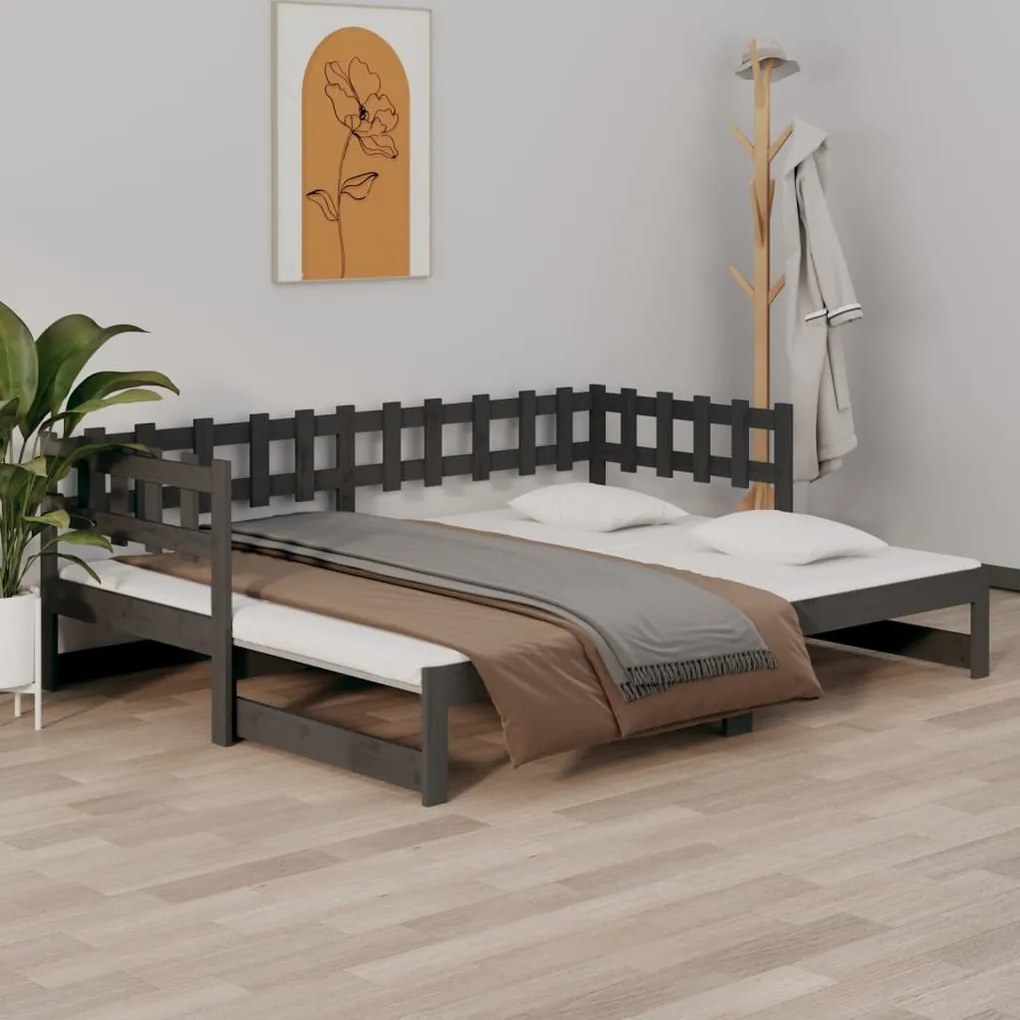 820768 vidaXL Pat de zi extensibil, gri, 2x(80x200) cm, lemn masiv de pin
