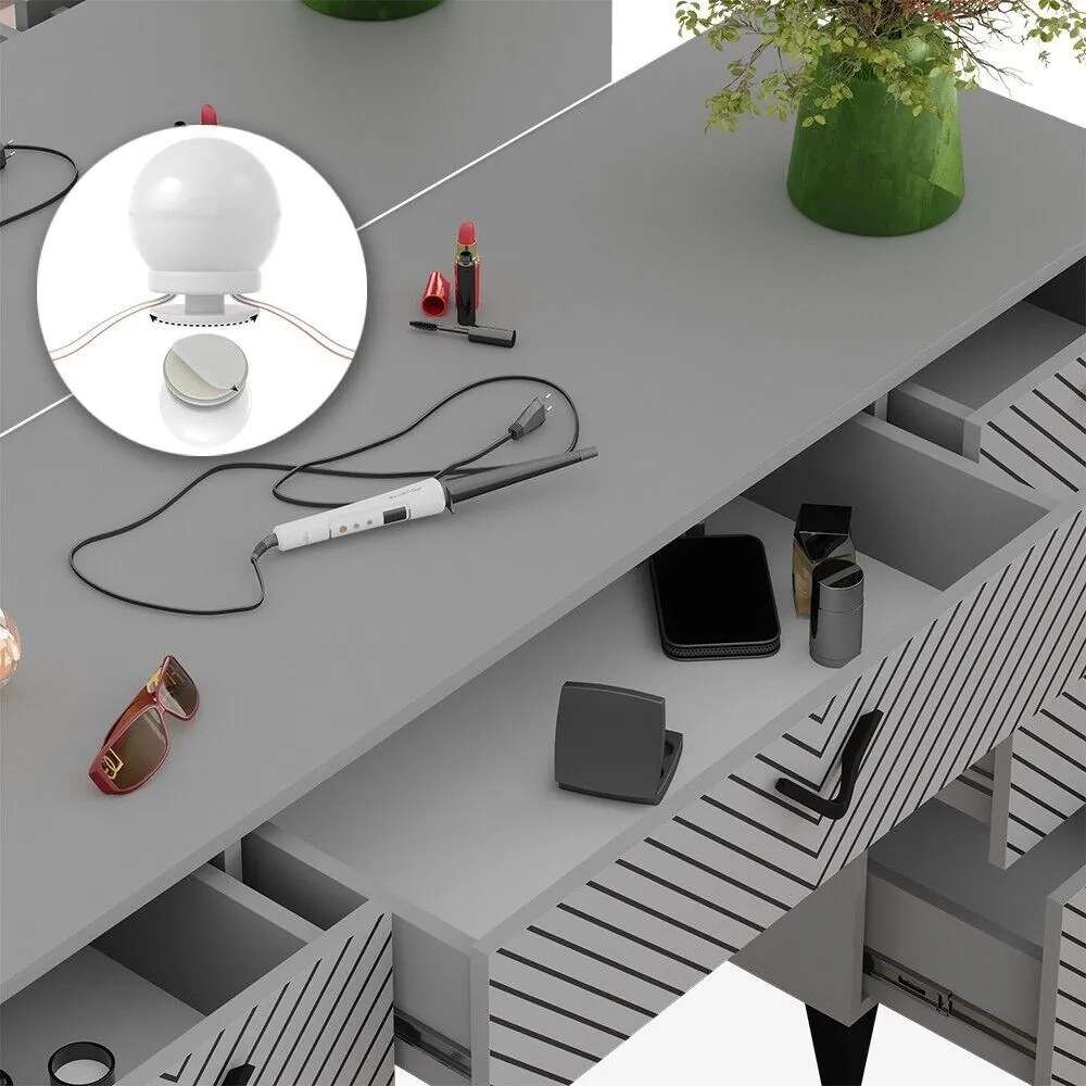 Masuta machiaj cu Oglinda LED si 7 Sertare pentru Cosmetice, Set Masa toaleta 150 cm, Gri, masuta cosmetica, vanity - SEG213