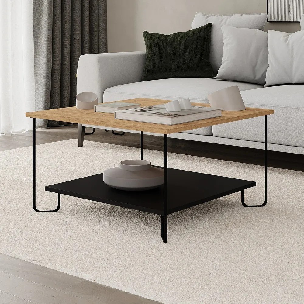 Măsuță de cafea neagră/în culoare naturală cu blat cu aspect de lemn de stejar 80x80 cm Tonka – Marckeric