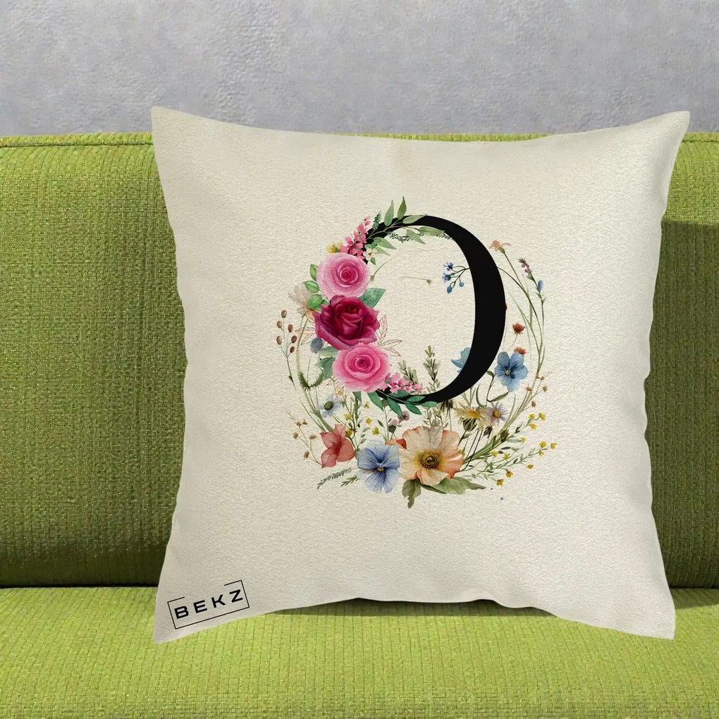 Cadou Personalizat - Perna Personalizata Monogram Litera O cu Flori Acuarela, 40x40 cm, Ecru, Husa Detasabila, Perna Inclusa, BEKZ®