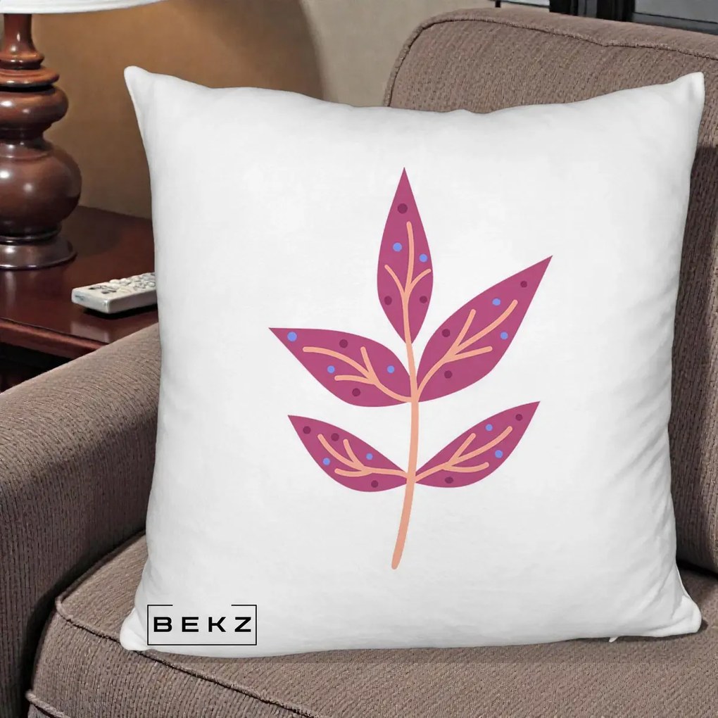 Perna Decorativa Ramura Botanica Mov, 40x40 cm, Alb Pufos, Husa Detasabila, Perna Inclusa, BEKZ®