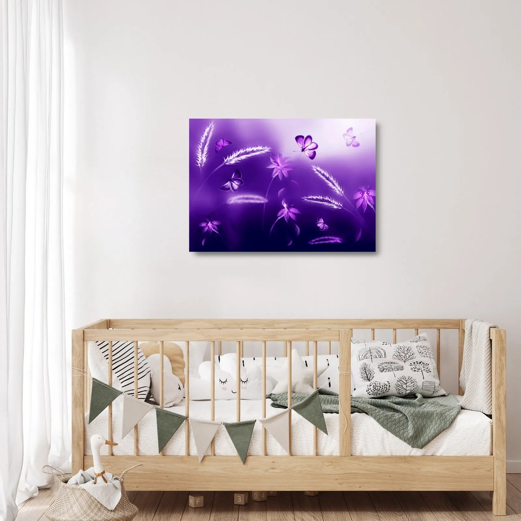 Tablou pe sticlă - Lunca cu fluturi (70x50 cm)