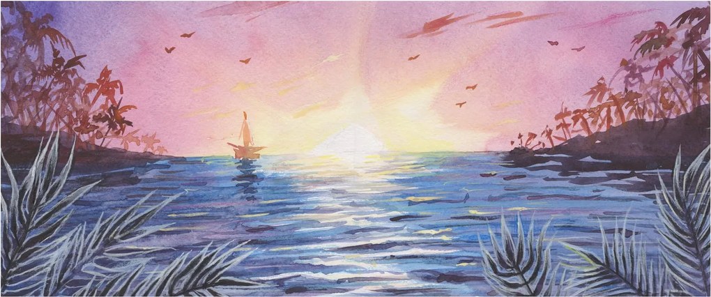 Tablou - Apus de soare deasupra apei, aquarelă (120x50 cm)