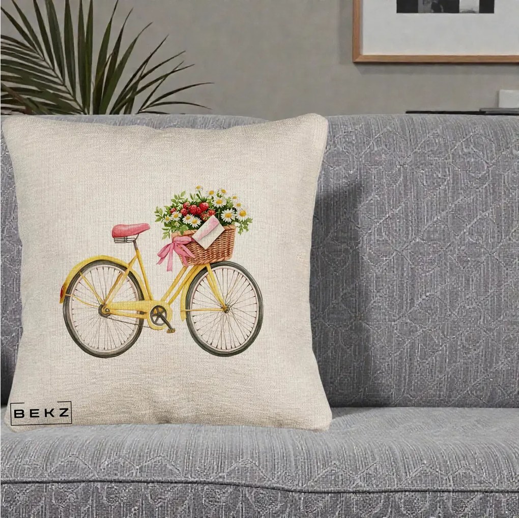 Perna Decorativa Bicicleta Galbena cu Cos de Flori Primavara, 40x40 cm, Bej Canapea, Husa Detasabila, Perna Inclusa, BEKZ®