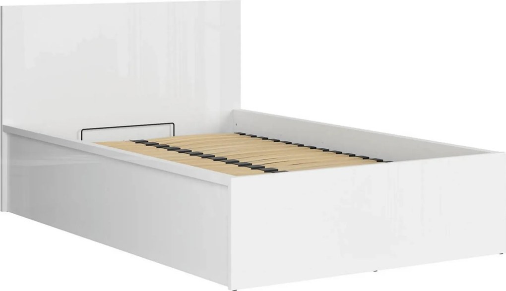 Pat TETRIX 120x200, alb lucios, PAL laminat, cu somiera si lada depozi