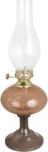 Lampă vintage cu petrol din sticlă maro, cu motive florale gravate și arzător în alamă, 11×34 cm, „Esmeralda"