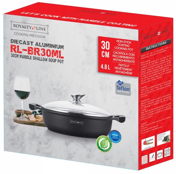 Vas de gatit cu capac Royalty Line RL-BR30ML, 30 cm, 4,8 L, Strat antiaderent din marmura, Fara PFOA, Inductie, Negru