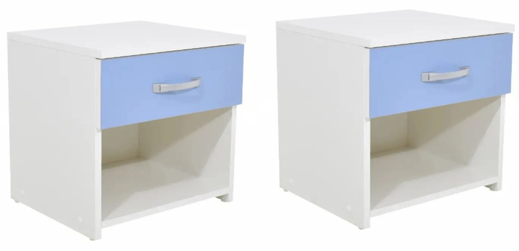 Set 2 Noptiere Leco, 1 Sertar, Alb/Bleu, 40 x 35 x 40 cm