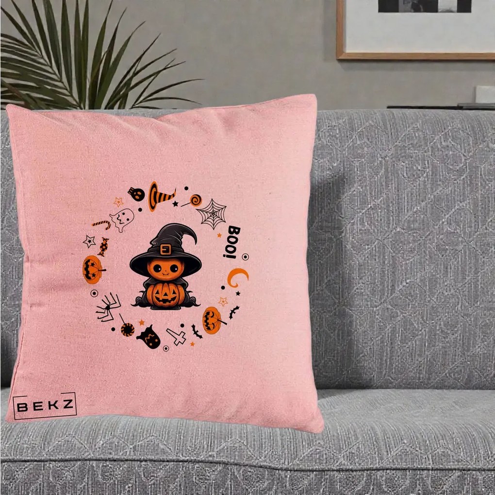 Perna Decorativa Halloween Dovleac Vrajitor Boo cu Simboluri, 40x40 cm, Roz, Husa Detasabila, Perna Inclusa, BEKZ®