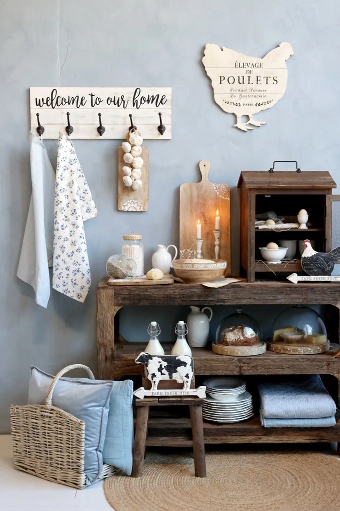 Cuier alb, din lemn , cu 5 agatatori, aspect vintage, Zenais