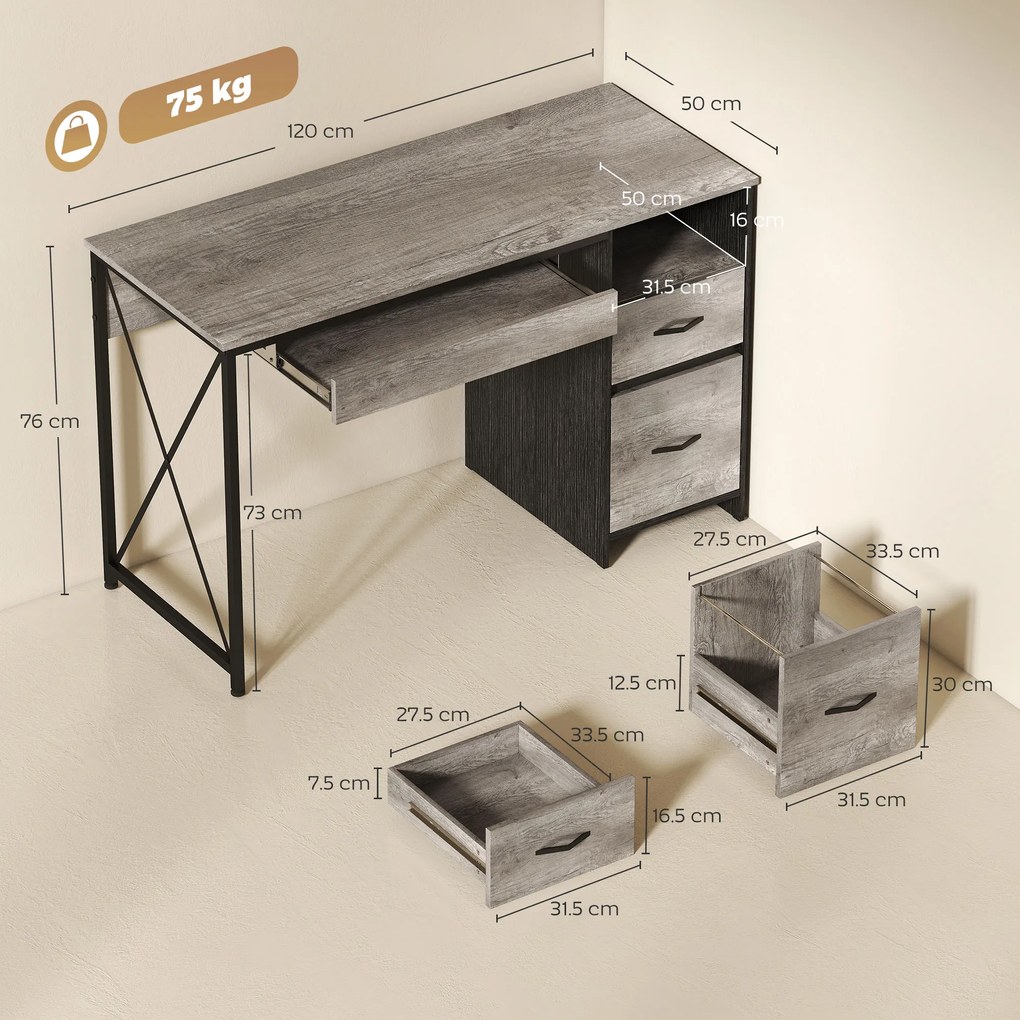 HOMCOM Birou de calculator, 120×50cm, birou cu depozitare, blat pentru tastatură, compartiment deschis și 2 sertare, gri | Aosom Romania
