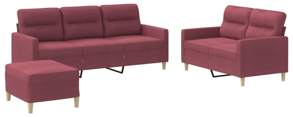 3201614 vidaXL Set canapea cu perne, 3 piese, roșu vin, material textil