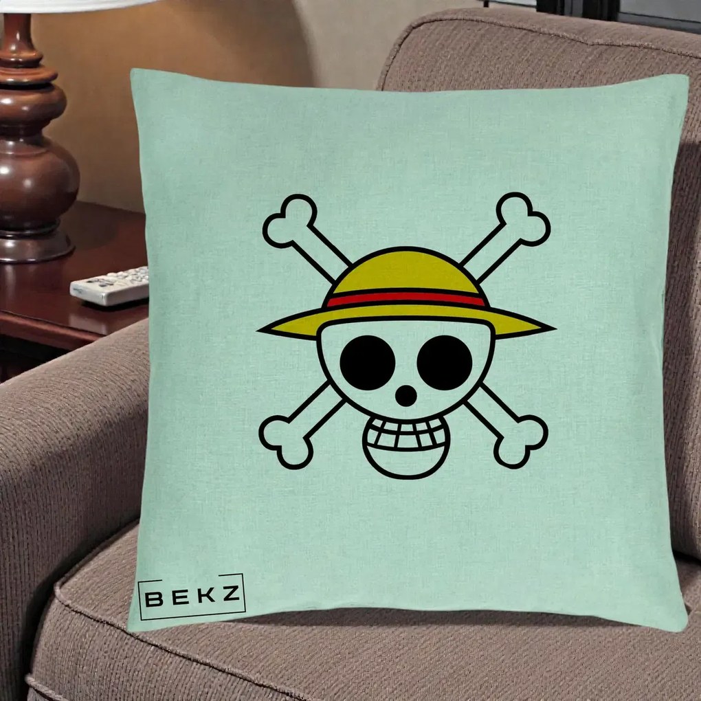 Perna Personalizata One Piece Jolly Roger Straw Hat Pirates, 40x40 cm, Verde Menta, Husa Detasabila, Perna Inclusa, BEKZ®