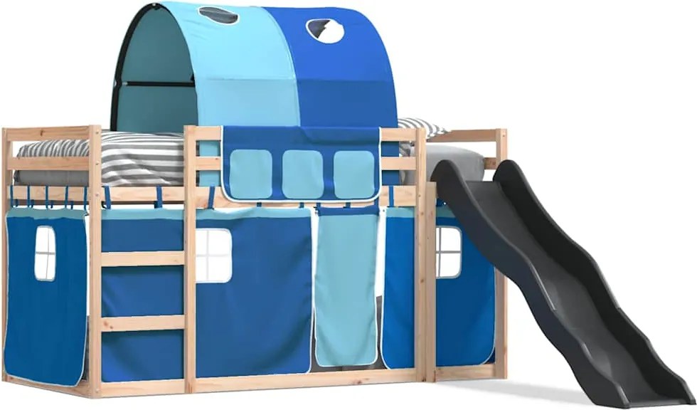 vidaXL Pat supraetajat cu tobogan și perdele, albastru, 90x190 cm