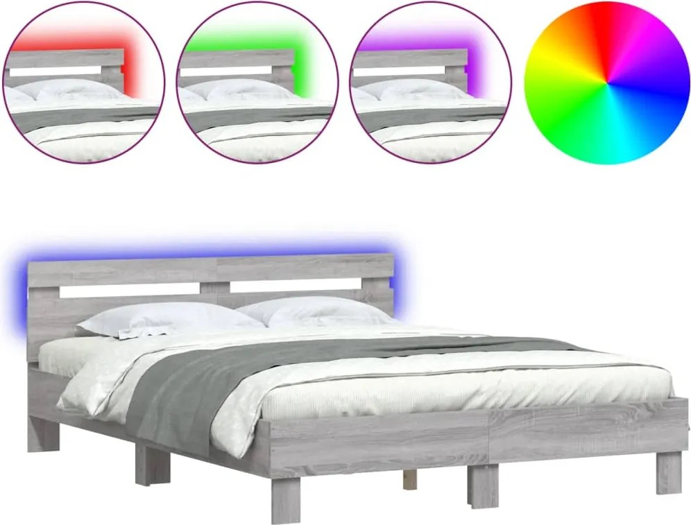 vidaXL Cadru de pat cu tăblie și LED, gri sonoma, 140x190 cm