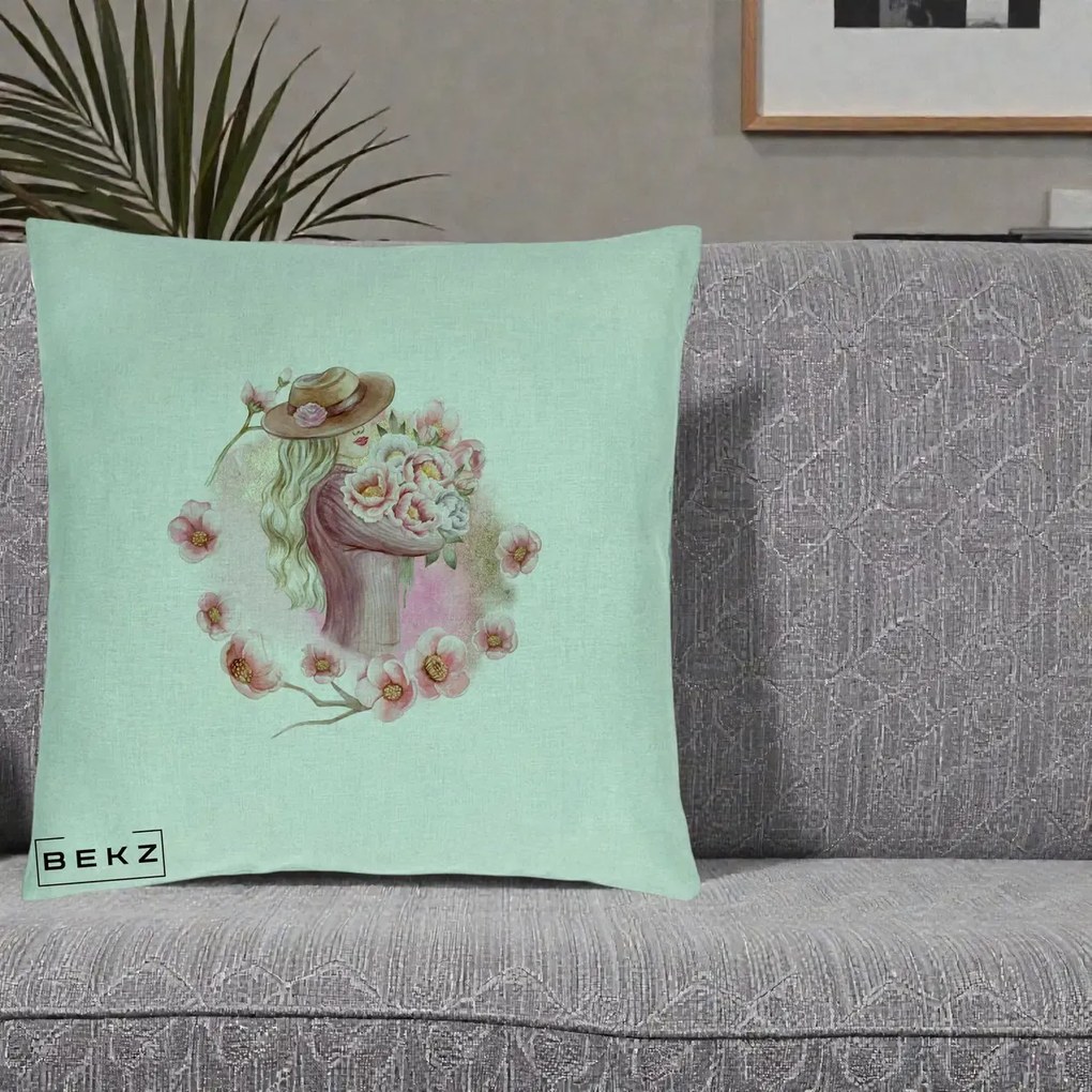 Perna Decorativa Femeie cu Flori Roz Acuarela, 40x40 cm, Verde Menta, Husa Detasabila, Perna Inclusa, BEKZ®