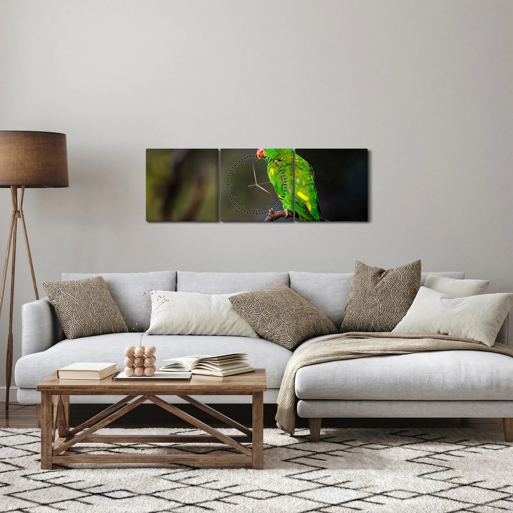 Tablou cu papagal pe greangă (cu ceas) (90x30 cm)