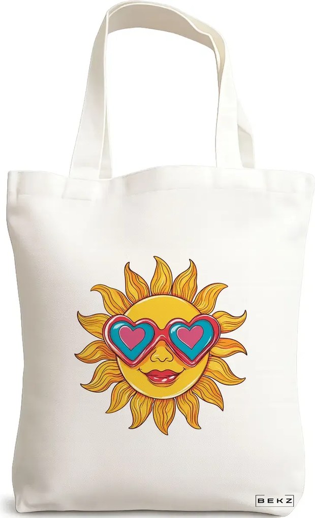 Sacosa de Panza pentru Cumparaturi, Geanta Tote, model Sun faces 8 38 x 34.5 cm, Alba, BEKZ®